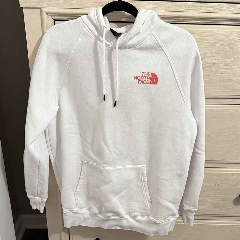 The North Face White Hoodie with Orange Logo - Large